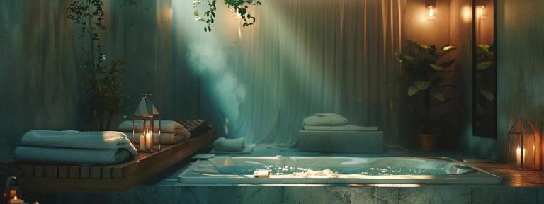 a tranquil spa room with soft lighting, plush towels, and a bubbling jacuzzi creating a serene oasis for relaxation and rejuvenation.